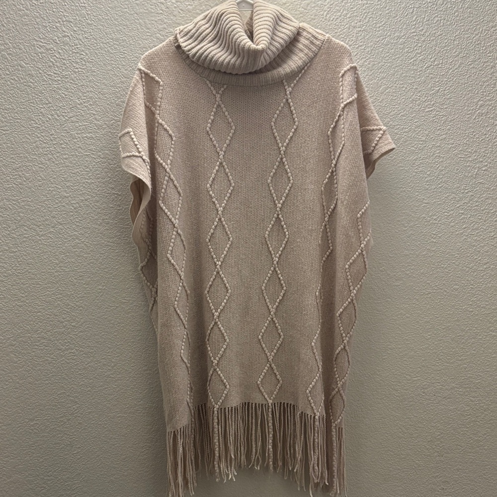 Chic Beige Turtleneck Sweater Poncho